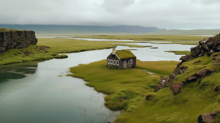 Icelandic landscape with house in the middle of the water.の素材