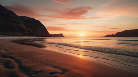 Beautiful sunset at the beach, Lofoten islands, Norwayの素材