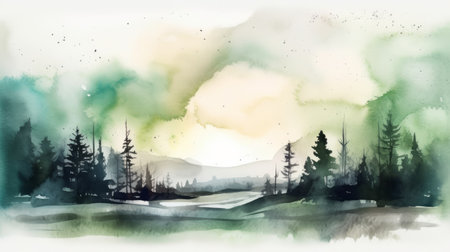 Abstract watercolor landscape. Mountain and forest in the fog. Digital art painting.の素材