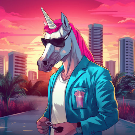 Unicorn on the background of the city. Vector illustration.の素材