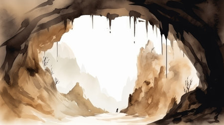 this watercolor painting features a beautiful cave silhouette on a light background. the painting is of high quality and is sure to add a touch of elegance to any room. ai generatedの素材