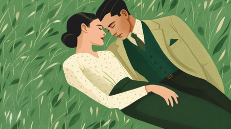 Couple in love in the park. Retro style vector illustration.の素材