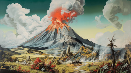 explore the stunning volcano painting by neo rauch, a german artist known for his unique style that blends surrealism and realism. the painting features a towering volcano in the background, with a group of people gathered in the foreground. ai generatedの素材