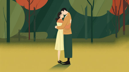a modern minimalist illustration by bryan lee o'malley depicts two people hugging in vintage clothing restitution on a green lawn. ai generatedの素材