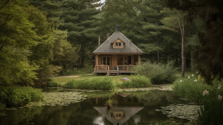 Beautiful wooden cottage in the middle of a pond with reflection in the waterの素材