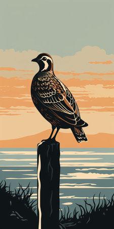 Illustration of a bird sitting on a post in the sea at sunsetの素材