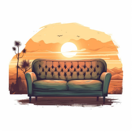 Sofa in the desert at sunset. Hand drawn vector illustration.の素材