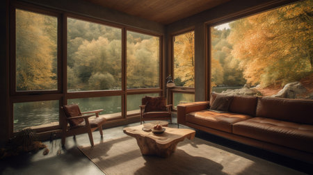 Interior of a modern living room with a panoramic view of the lakeの素材