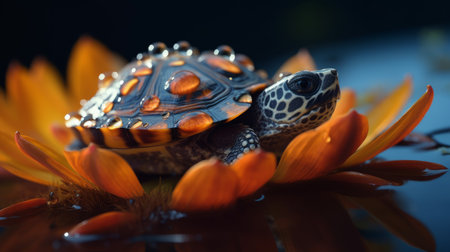 turtle on orange flower in the water, closeup of photoの素材