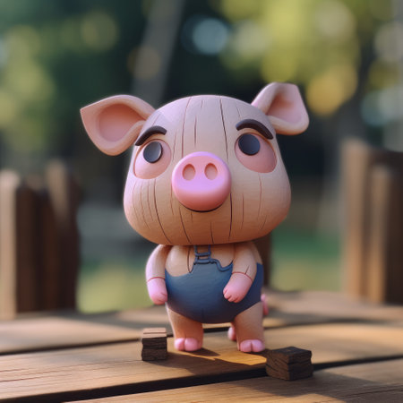pig doll on the wooden table in the garden, stock photoの素材
