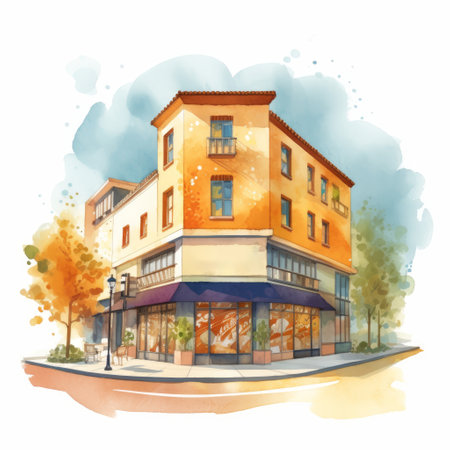 located on a building corner surrounded by beautiful kasumi, this panera bread shop boasts a quirky and vibrant design. the shop's watercolor-style illustration, reminiscent of michael powell's art, adds to its whimsical charm. the image is in the form of clipart and has a white background. ai generatedの素材