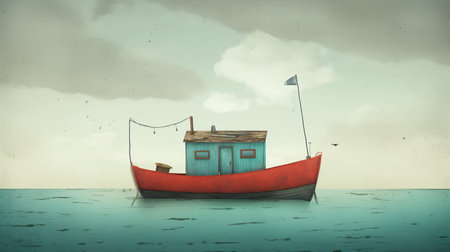 this boat design draws inspiration from the whimsical and imaginative style of children's book author and illustrator oliver jeffers. with its playful colors and unique shape, this boat is sure to turn heads on the water. ai generatedの素材