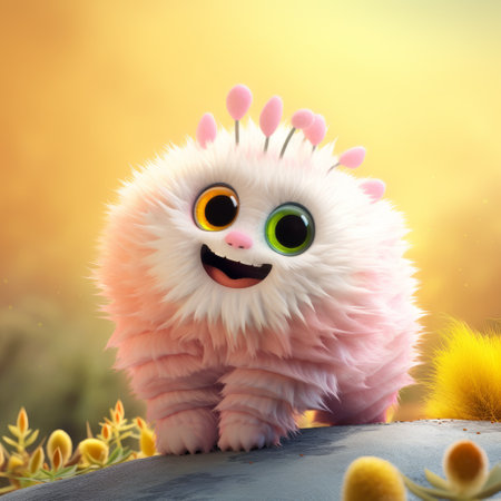Funny cartoon monster on the background of yellow flowers. 3d renderingの素材