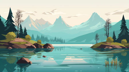 Landscape with mountains, forest and lake. Vector illustration in flat styleの素材