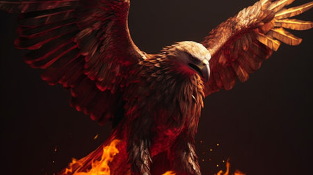 3d rendering of a golden eagle flying in the air with fireの素材