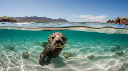 Otter swimming in the clear water of the Pacific Ocean in New Zealandの素材