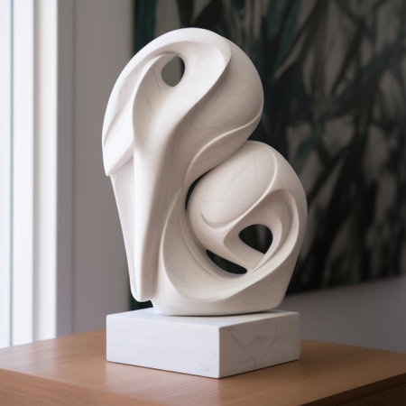 this art piece is a mixed media creation featuring a white ceramic sculpture on a wooden base. the style of the sculpture is life-like avian illustrations, neocubism, monochromatic realism, simplistic elegance, hurufiyya, bold curves, and synchromism. ai generatedの素材