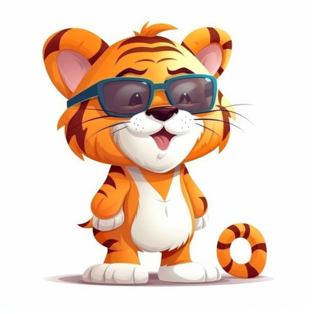 Cute cartoon tiger with sunglasses isolated on white background. Vector illustration.の素材