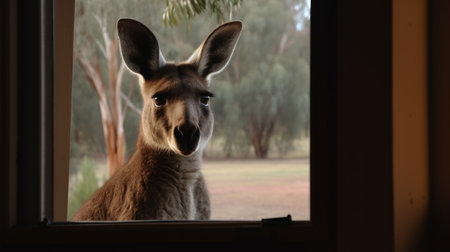 a kangaroo is sitting inside a cabin and looking outside through the window. the kangaroo seems to be observing the surroundings with curiosity. ai generatedの素材