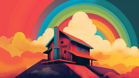 this movie poster design from the 70's features a cabin surrounded by complex clouds, hyper colors, and a slightly psychedelic feel. the use of negative space keeps the design self-contained. ai generatedの素材