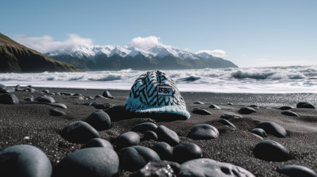 a cheerful glacier is seen on the beach wearing a stylish patterned hat and scarf, standing next to high waves. ai generatedの素材