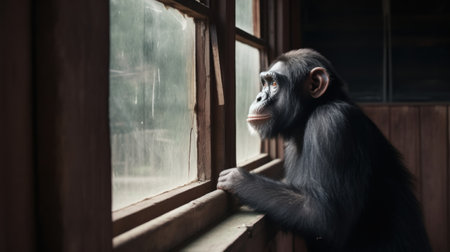 Chimpanzee is looking through the window of a wooden houseの素材