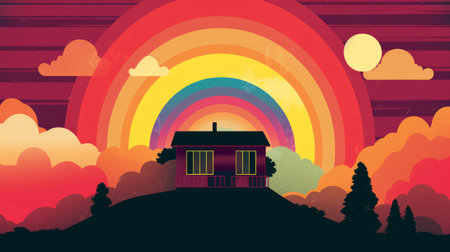 Retro house with rainbow in the sky background. Vector illustration.の素材