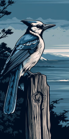 Blue jay bird sitting on a wooden post. Vector illustration.の素材