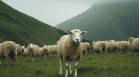 Sheep in a green meadow with mountains in the background.の素材
