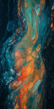 Abstract background of acrylic paint in blue, orange and yellow tones.の素材