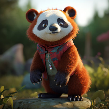 Cute panda in the park at sunset. 3D rendering.の素材