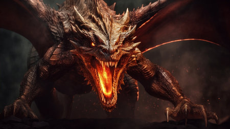 the cyclops in the dungeons and dragons movie is a full-bodied, big topaz dragon with fire coming out of its mouths. the cinematic lighting adds to the dark and dramatic atmosphere. ai generatedの素材