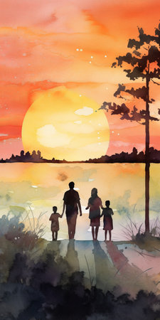 a family holding hands walks towards a beautiful sunset in a watercolor style that adds a playful and happy vibe to the scene. the silhouette of the family creates a simple yet striking image, with the sunset adding depth and warmth. dynamic brush strokes and vibrant colors bring the watercolor style to life, while details such as the expressions on the family's faces and theの素材