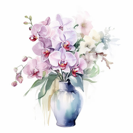 a stunning watercolor painting of an orchid bouquet in a vase, set against a clean white background. the delicate brushstrokes and vibrant colors make this piece a beautiful addition to any room. ai generatedの素材
