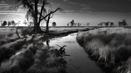 explore the stunning beauty of the swamp coast through the lens of adams' black and white photography. this art composition is a must-see, as featured in vogue. ai generatedの素材