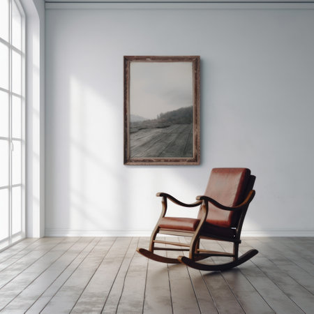 a portrait picture frame of a rocking chair hanging on a white blank wall with no other objects around it. ai generatedの素材