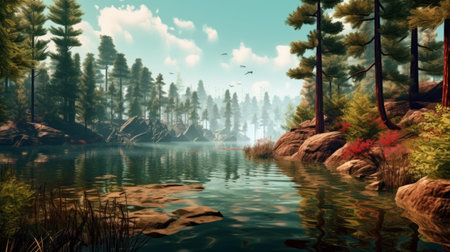 discover a tranquil oasis nestled amongst towering pine trees. a picturesque lake offers a serene escape from the hustle and bustle of everyday life. ai generatedの素材