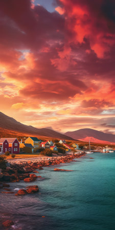 experience the breathtaking beauty of a coastal village at sunset, captured on vibrant large format film. this stunning island photo is sure to transport you to a world of tranquility and natural wonder. ai generatedの素材