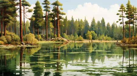 discover a tranquil oasis nestled among tall pine trees, where a serene lake offers a peaceful escape from the hustle and bustle of everyday life. ai generatedの素材