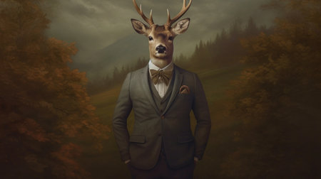 a deer dressed in overalls like a human is getting ready to go to work. the scene is distant. ai generatedの素材