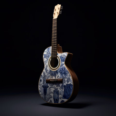 this upright guitar features a stunning design inspired by the traditional portuguese azulejo tiles and the japanese art of kintsugi. the intricate patterns are set against a dark background, creating a striking contrast. ai generatedの素材