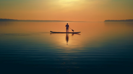 a silhouette of a couple paddling on a serene north german lake. despite the distance between them, they find solace in their shared love for nature and adventure. ai generatedの素材