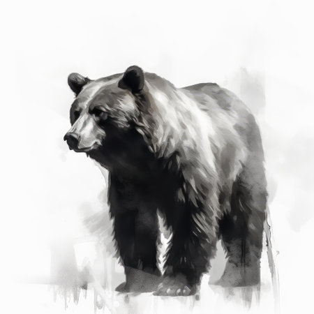 this art piece features a bear in black and white, created with minimalist strokes and bold saturation. the artist is known for their lifelike accuracy and framing, as well as their appreciation for abstract minimalism and hyper-realistic atmospheres. the use of rim light adds to the overall effect. ai generatedの素材