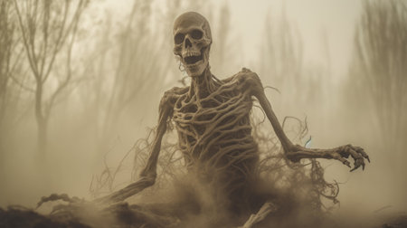 a creepy scene in a grassy forest during a sandstorm where a skeleton made out of kinetic sand is running towards the camera and falling apart in the wind. the creature has long stringy dripping roots and is surrounded by dust clouds and primordial creatures. the shot is captured using stacked focus and focus bracketing with different focal points using a sony fe 24-70mm f2.8の素材