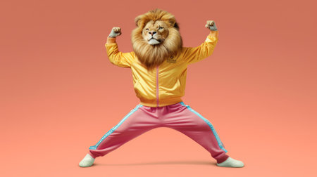 watch as lions don 80's track suits and large perm haircuts to get their sweat on with some aerobics. ai generatedの素材