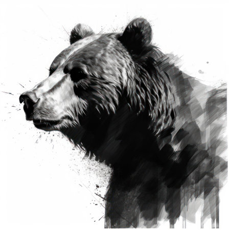 this artwork features a bear depicted in black and white using minimalist strokes, yet with bold saturation that innovates the traditional style. the artist is a realist who aims for lifelike accuracy in framing the subject. the piece is perfect for those who appreciate abstract minimalism and hyper-realistic atmospheres, with a touch of rim light. ai generatedの素材