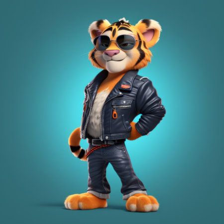 a tiger dressed in a black biker jacket, jeans, and sunglasses stands upright on its hind legs in a stunning disney pixar cartoon. ai generatedの素材