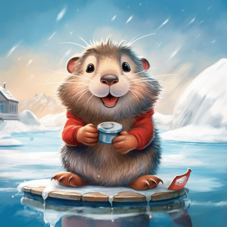 a happy lemming with a big smile on his face is sitting on the ice and pressing a medium-sized red lever with both paws. in the background, there is a big floating iceberg. the lemming looks like he just won a prize. ai generatedの素材