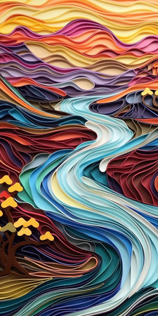make a stunning paper quilling painting of a hill with a cascading river at sunset in the alps. use high-contrast shading and a fairy tale-like quality to create a surreal 3d landscape. ai generatedの素材