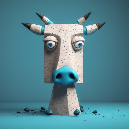 this cow figurine features blue feathers and painted eyes on its head, inspired by the styles of evgeni gordiets, clemens ascher, didier lourenco, concrete, inventive character designs, and spiky mounds. the close-up view showcases the intricate details of the piece. ai generatedの素材